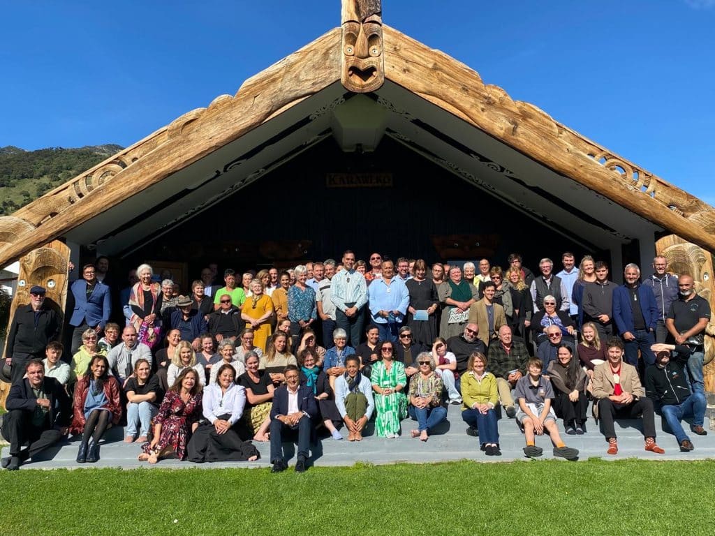 Wharenui ?nuku marae with people who attended the nature synposium at Akaroa.
